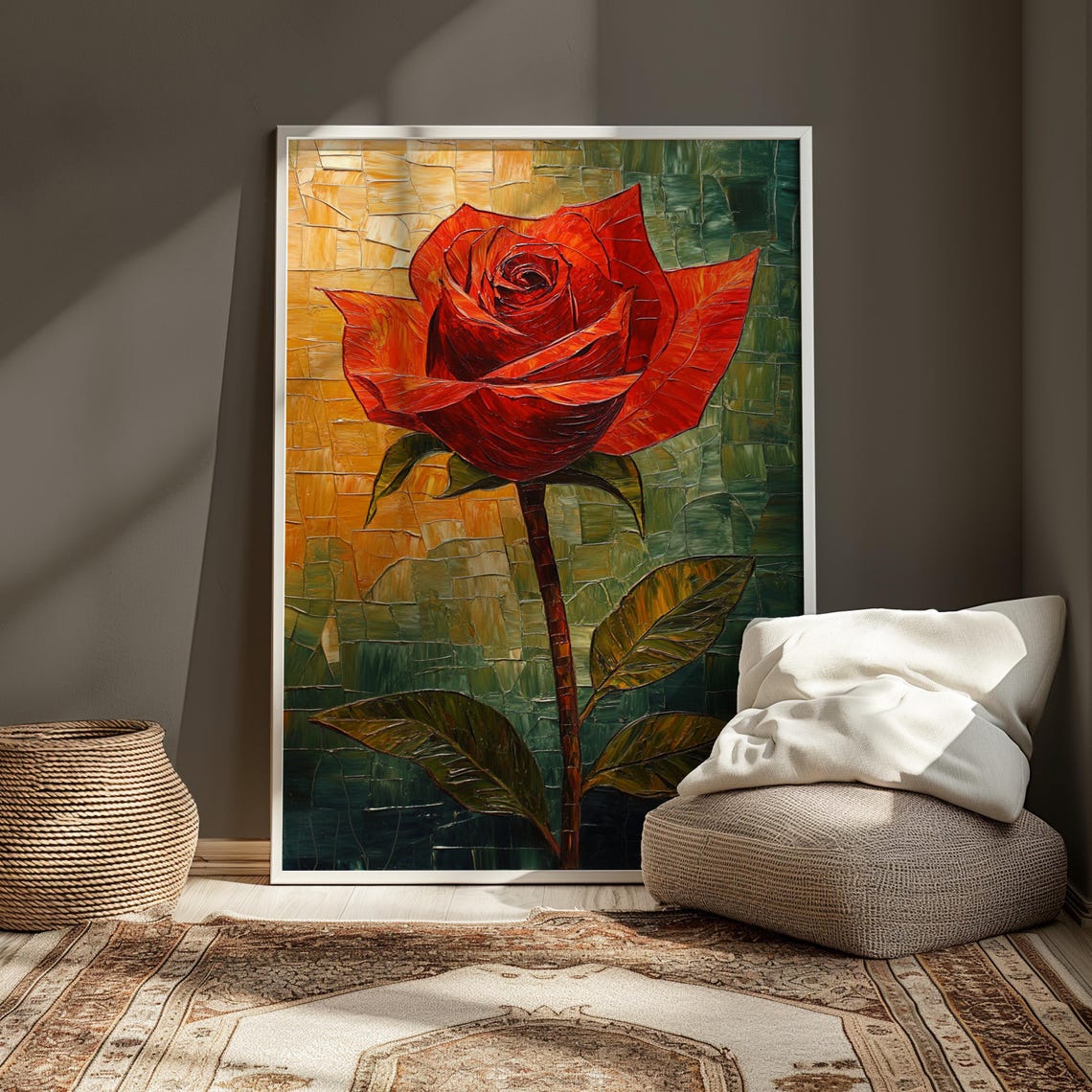 Red Orange Rose Long Stem Mosaic Tile Gold Green Textured Art Poster - Image 3