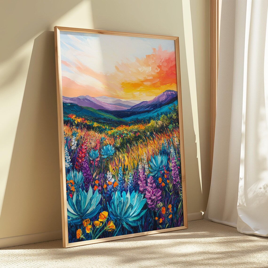 Desert Agave Wildflower Field Vibrant Sunset Mountain Art Print - Image 5
