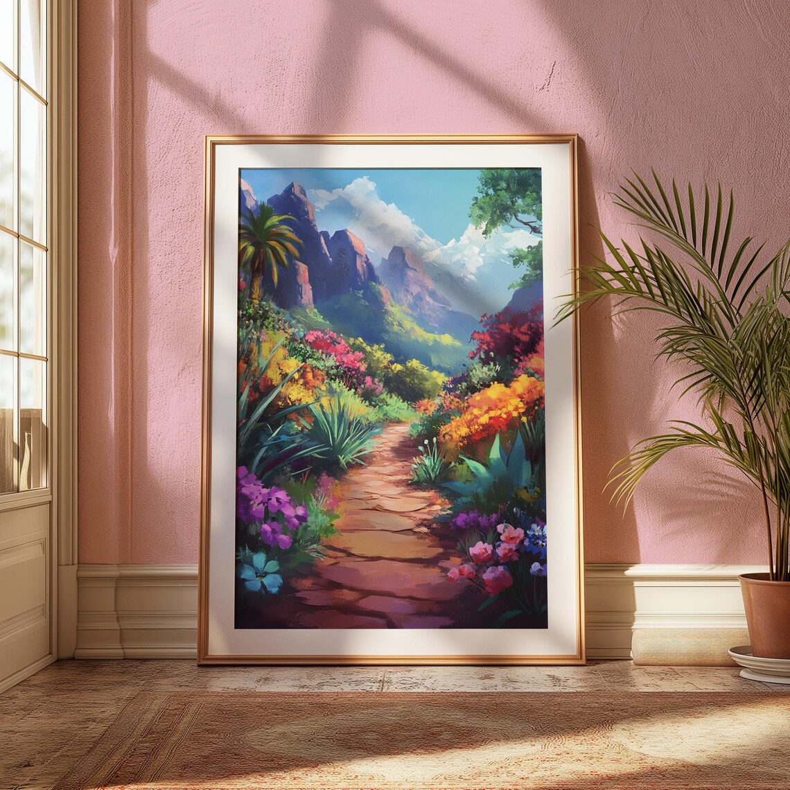Stone Garden Path Red Rock Mountains Tropical Bloom Colorful Travel Poster - Image 2