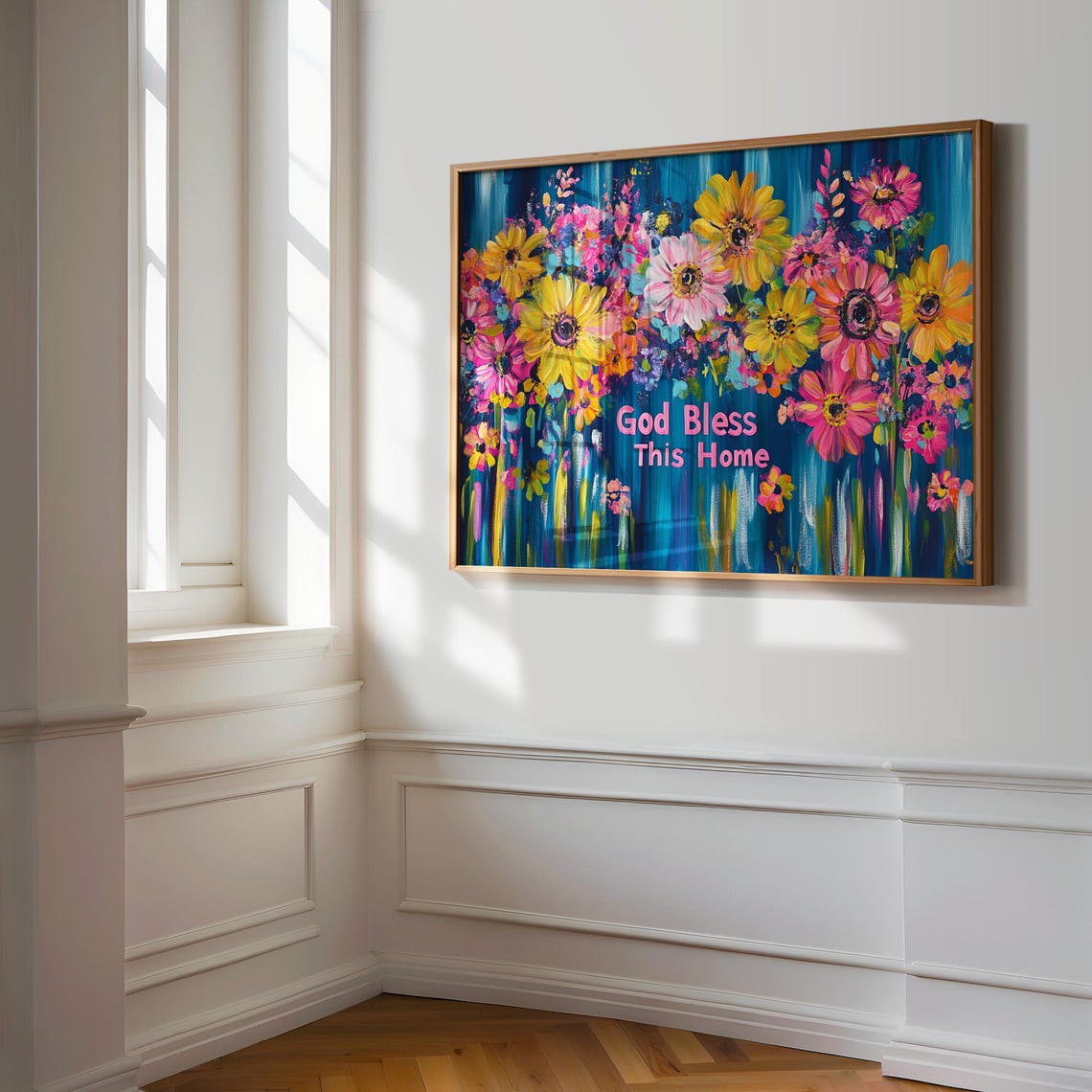 God Bless This Home Yellow Daisy Blue Drip Paint Floral Poster - Image 3