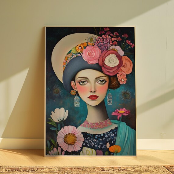Surreal Woman Wide Brim Hat Pink Roses Teal Moonlit Floral Portrait Poster
