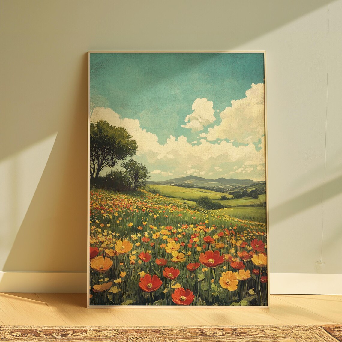 Sunlit Wildflower Meadow Big Oak Tree Vintage Teal Sky Landscape Poster