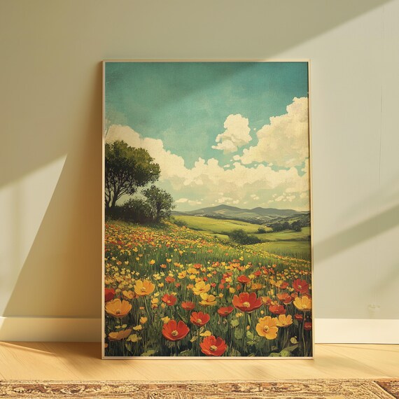 Sunlit Wildflower Meadow Big Oak Tree Vintage Teal Sky Landscape Poster