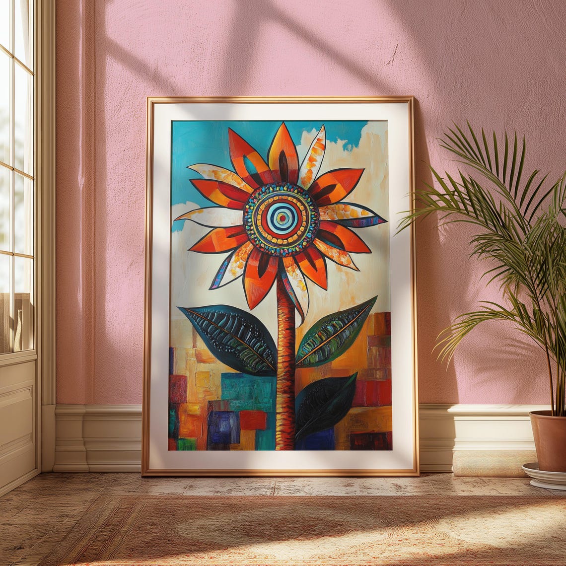 Folk Sunflower Concentric Center Patchwork Sky Floral Art Poster - Image 2
