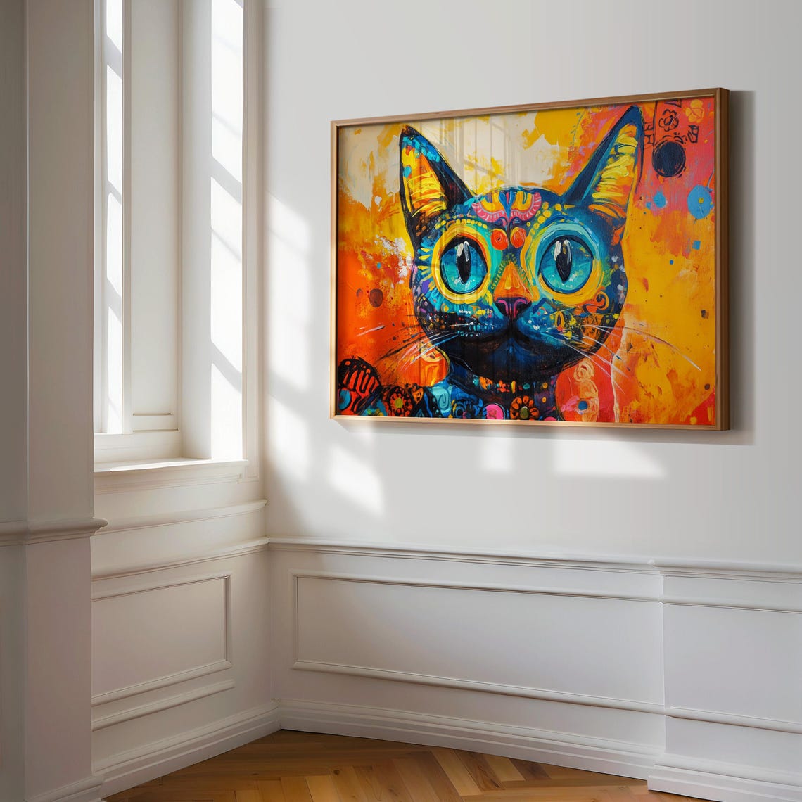 Bright Blue Cat With Big Happy Eyes Colorful Folk Pattern Art Poster - Image 3
