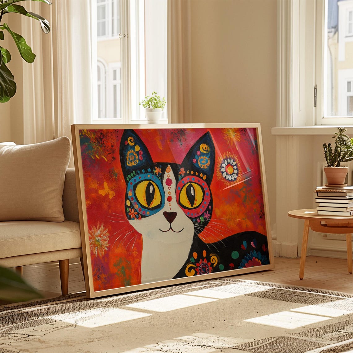 Black Tuxedo Cat Sugar Skull Art Big Golden Eyes Red Fiesta Cat Poster - Image 4