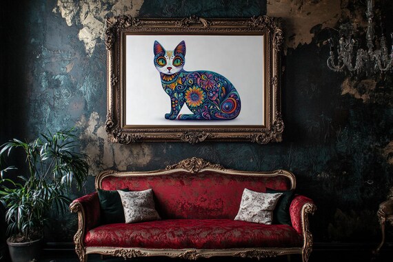 Trippy Psychedelic Floral Cat In Blue Purple Orange Swirls Poster