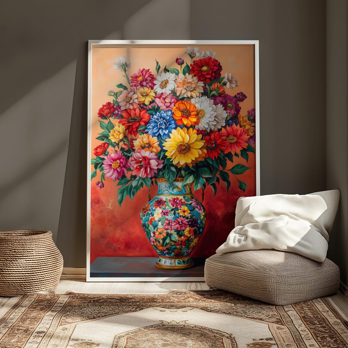 Bright Zinnia Bouquet Rainbow Blooms Painted Floral Vase Coral Poster - Image 4