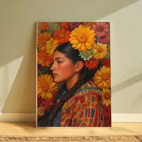 Young Woman Braided Hair Profile Marigold Zinnias Embroidered Shawl Poster