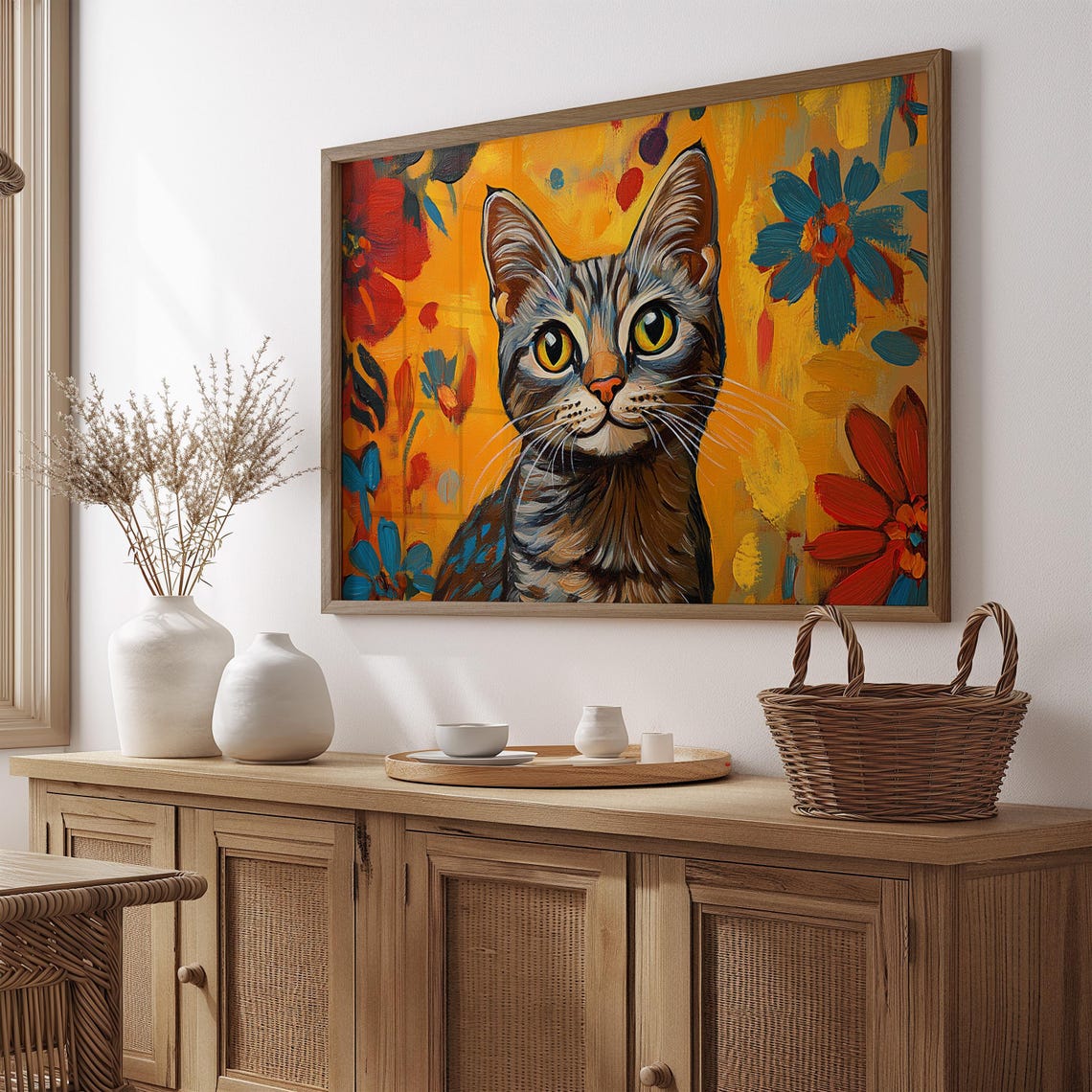 Tabby Cat Portrait Golden Yellow Background Red Blue Flowers Poster