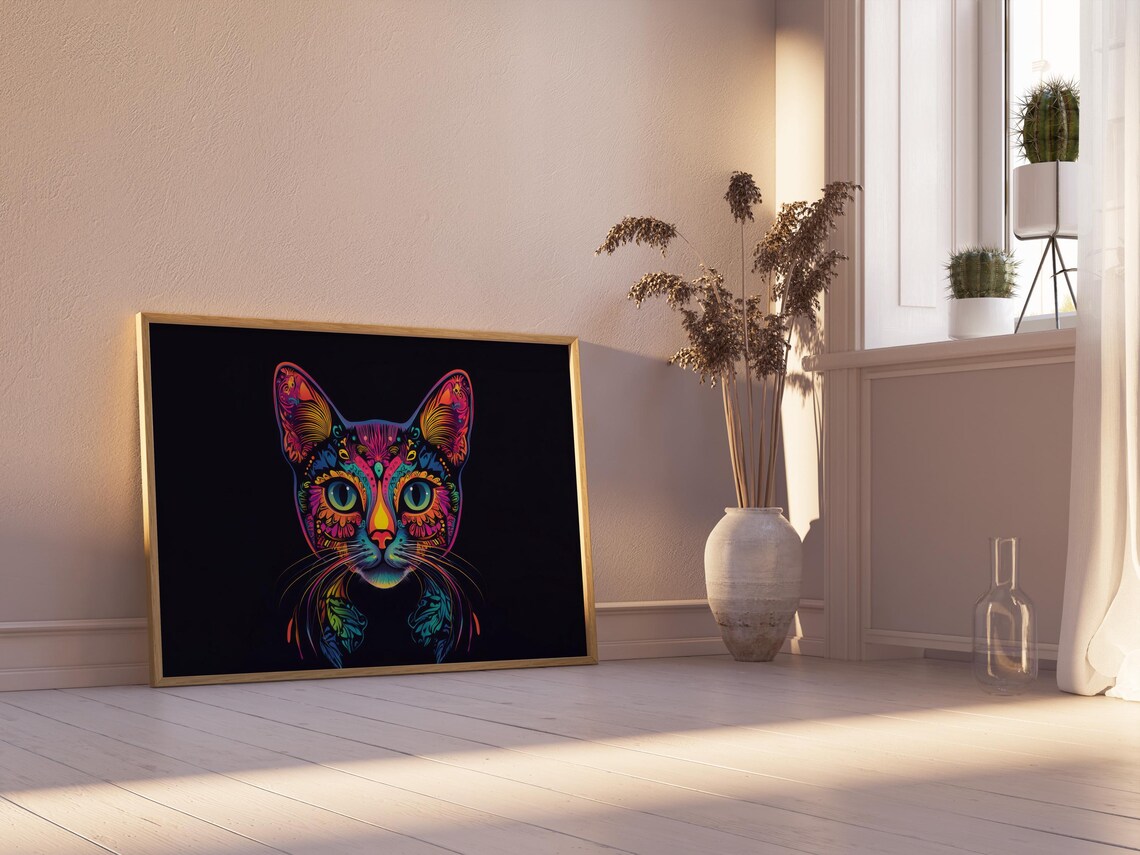 Vivid Neon Floral Black Cat Face Psychedelic Bright Colorful Wall Art - Image 2