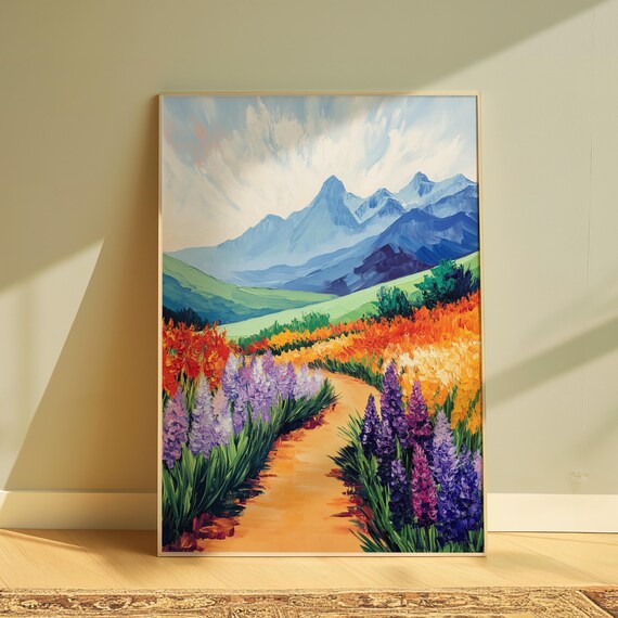 Winding Path Purple Lupines Orange Blooms Green Hills Blue Mountains Landscape Poster