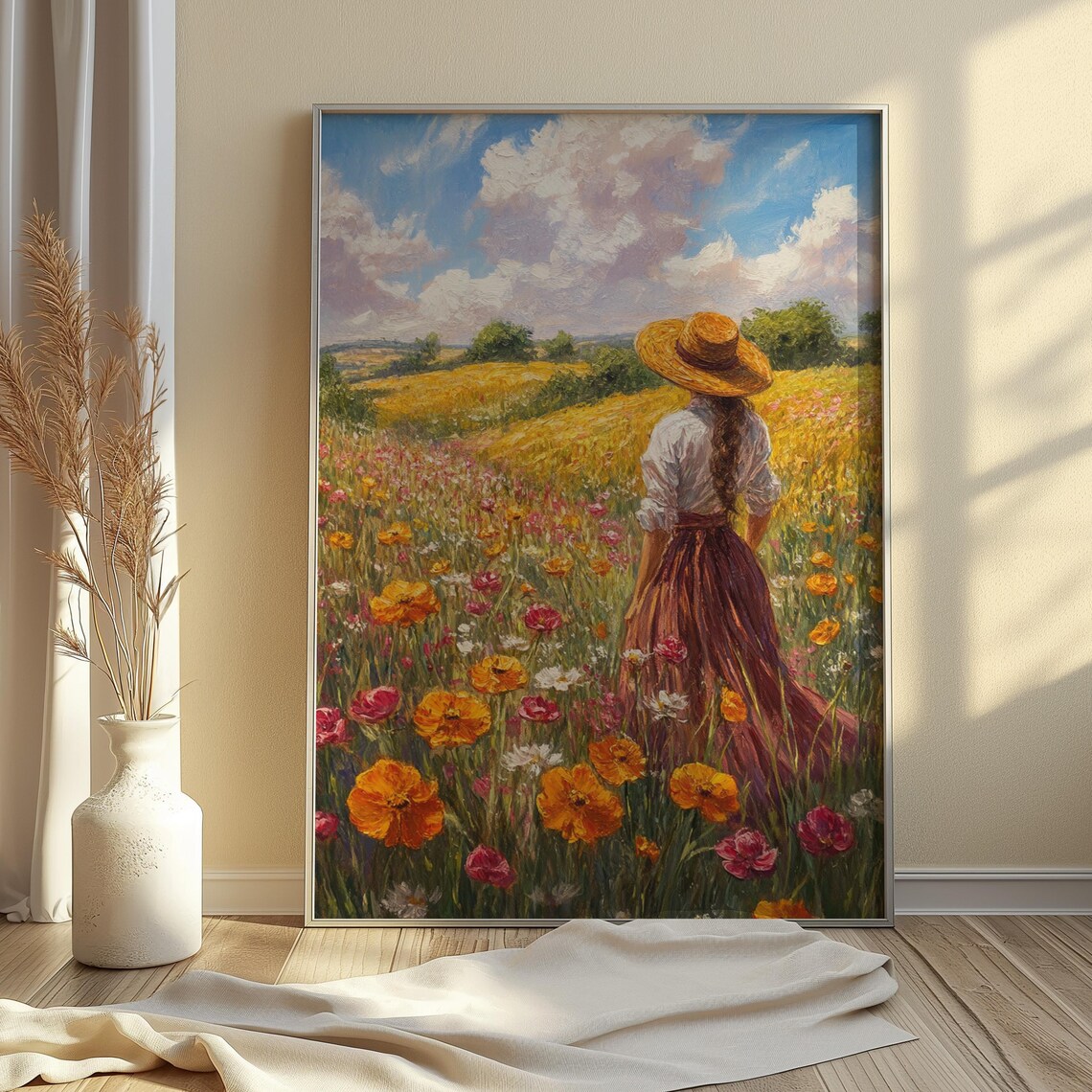 Woman Straw Hat Standing in Poppy Field Romantic Impressionist Art Poster - Image 2