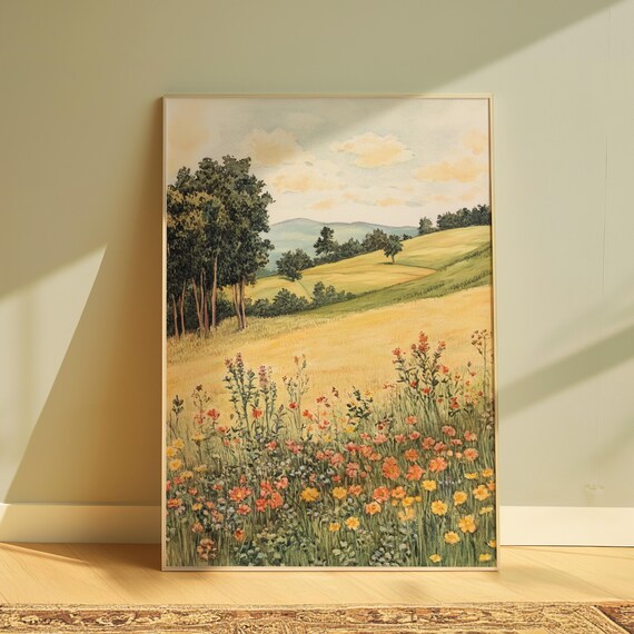 Golden Wheat Field Wildflower Meadow Rolling Hills Countryside Art Poster