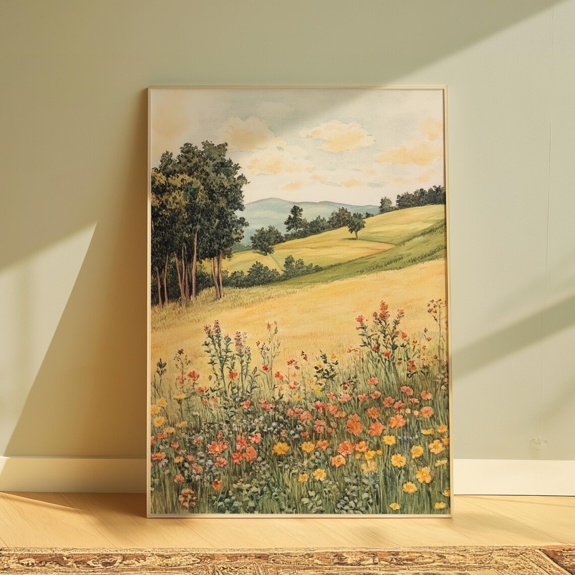 Golden Wheat Field Wildflower Meadow Rolling Hills Countryside Art Poster