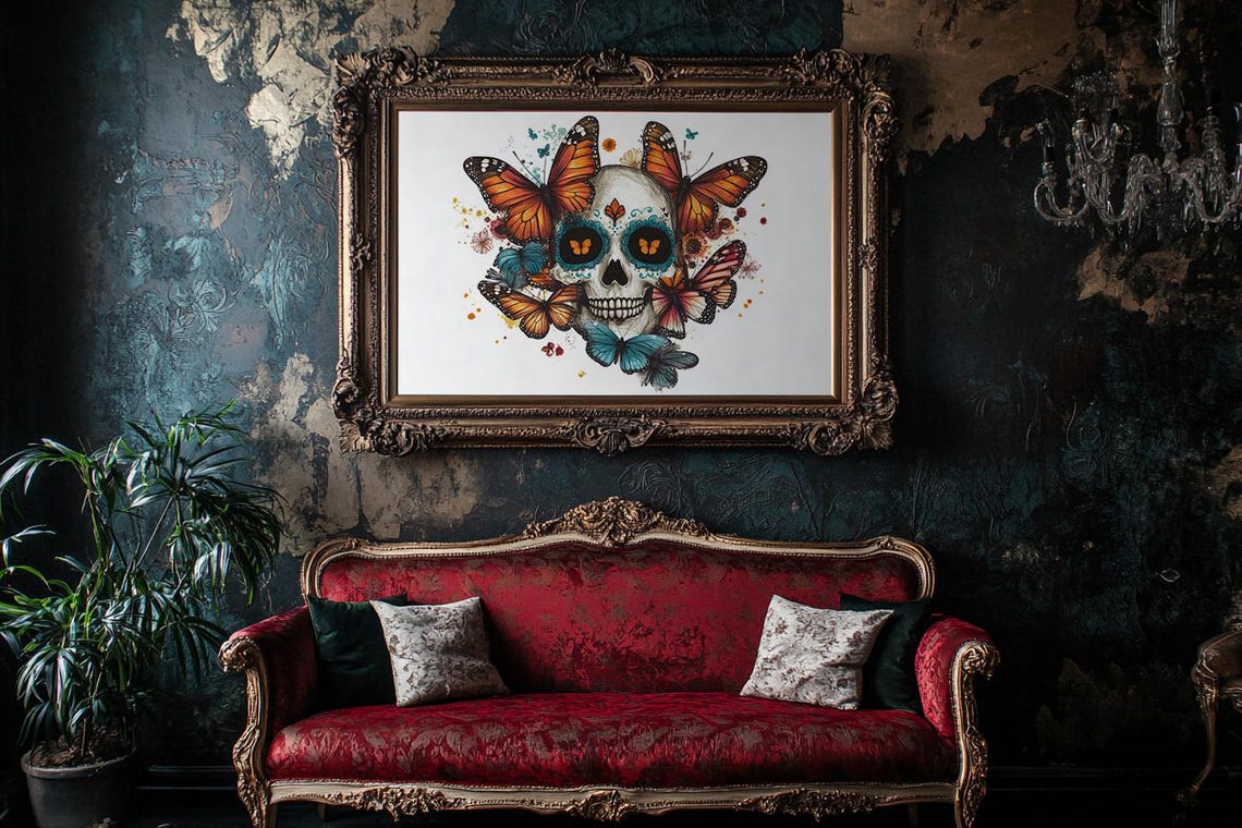 Day Of The Dead Skull Surrounded By Monarch Butterflies Poster