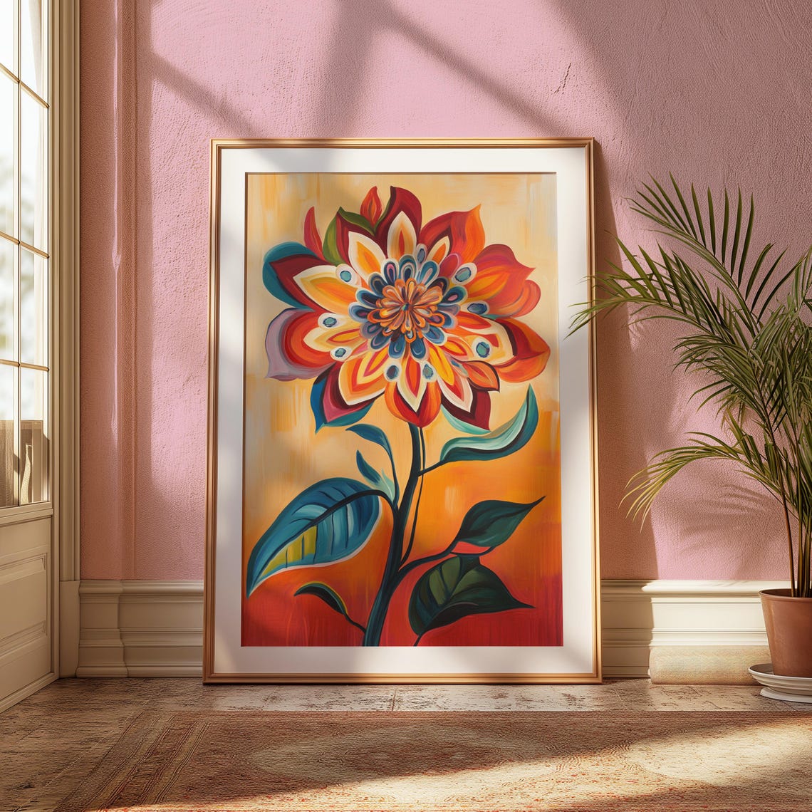 Layered Folk Flower Peacock Eye Center Gold Background Art Poster - Image 2