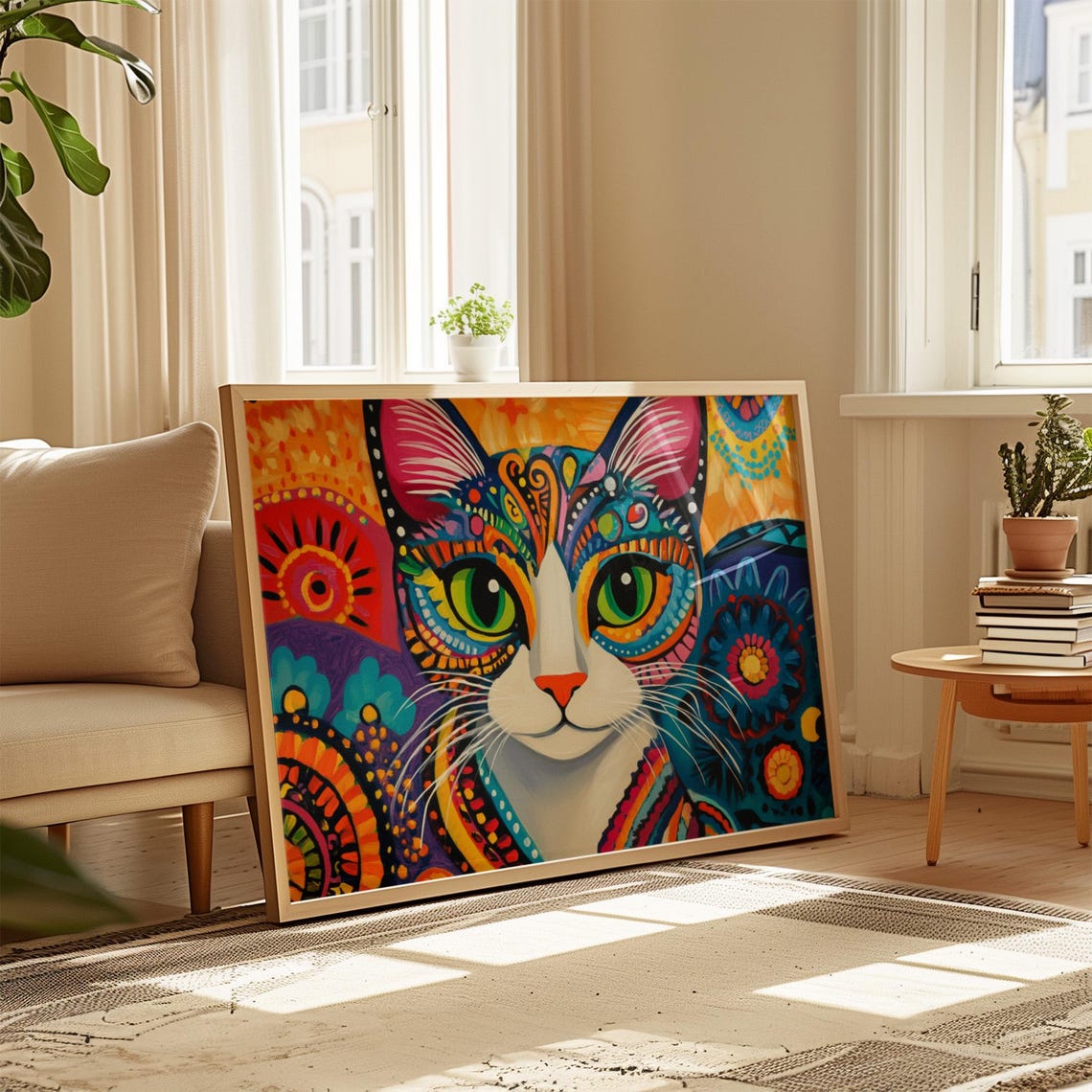Mandala Style Cat Face Symmetrical Bright Folk Art Patterns Poster - Image 4