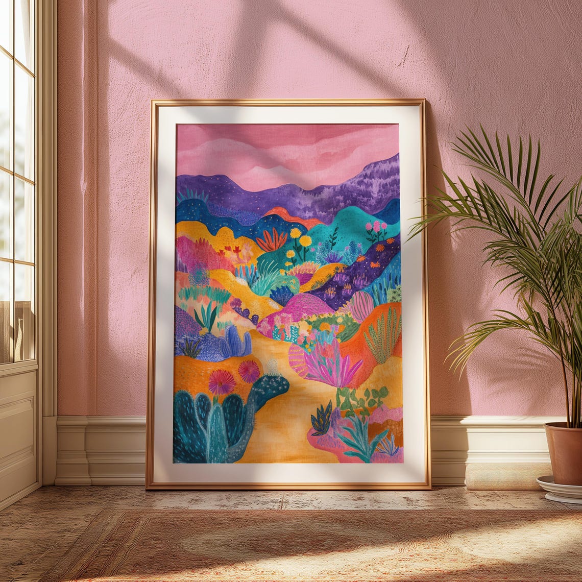 Whimsical Desert Cactus Garden Pink Mountains Colorful Art Print - Image 2