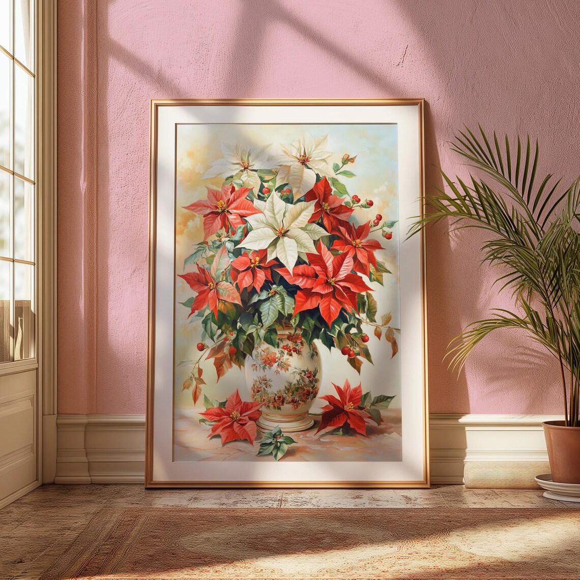Red White Poinsettia Floral Vase Christmas Still Life Painting Poster - Image 2