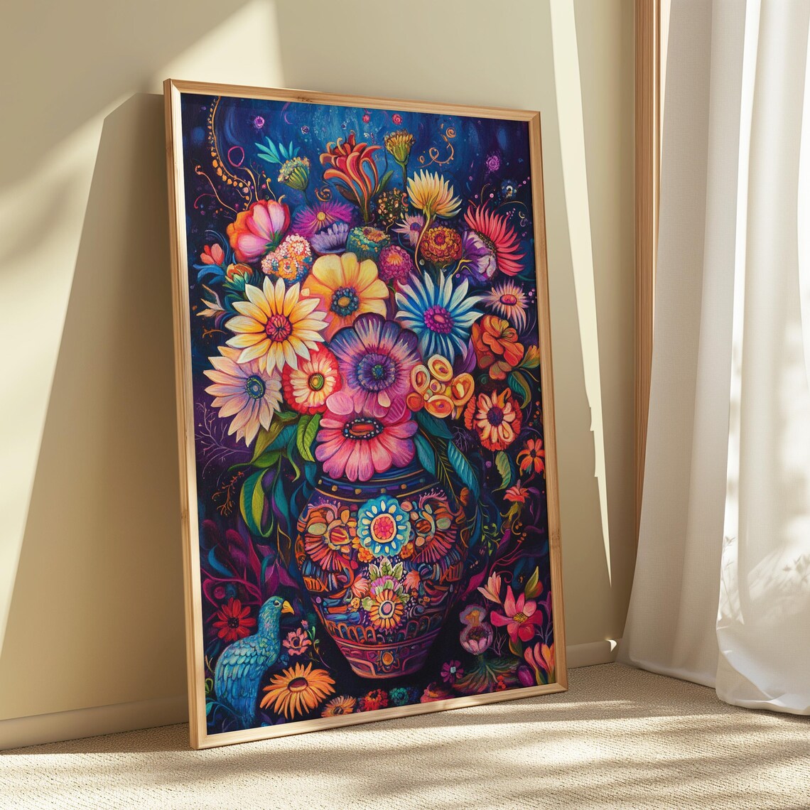 Moody Mexican Folk Art Pink Purple Floral Bouquet With Bird Wall Print - Image 5