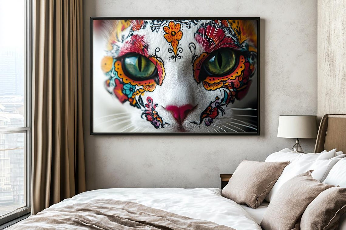 Striking Extreme Close Up Sugar Skull Cat Face Green Eyes Poster