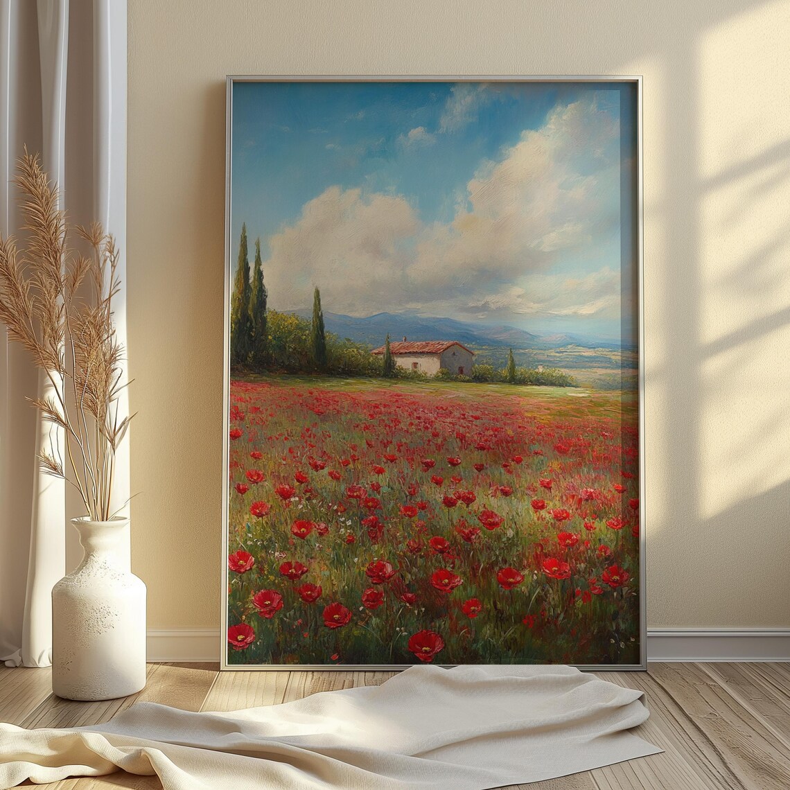Red Poppy Field Tuscan Farmhouse Cypress Trees Blue Sky Painting Poster - Image 2