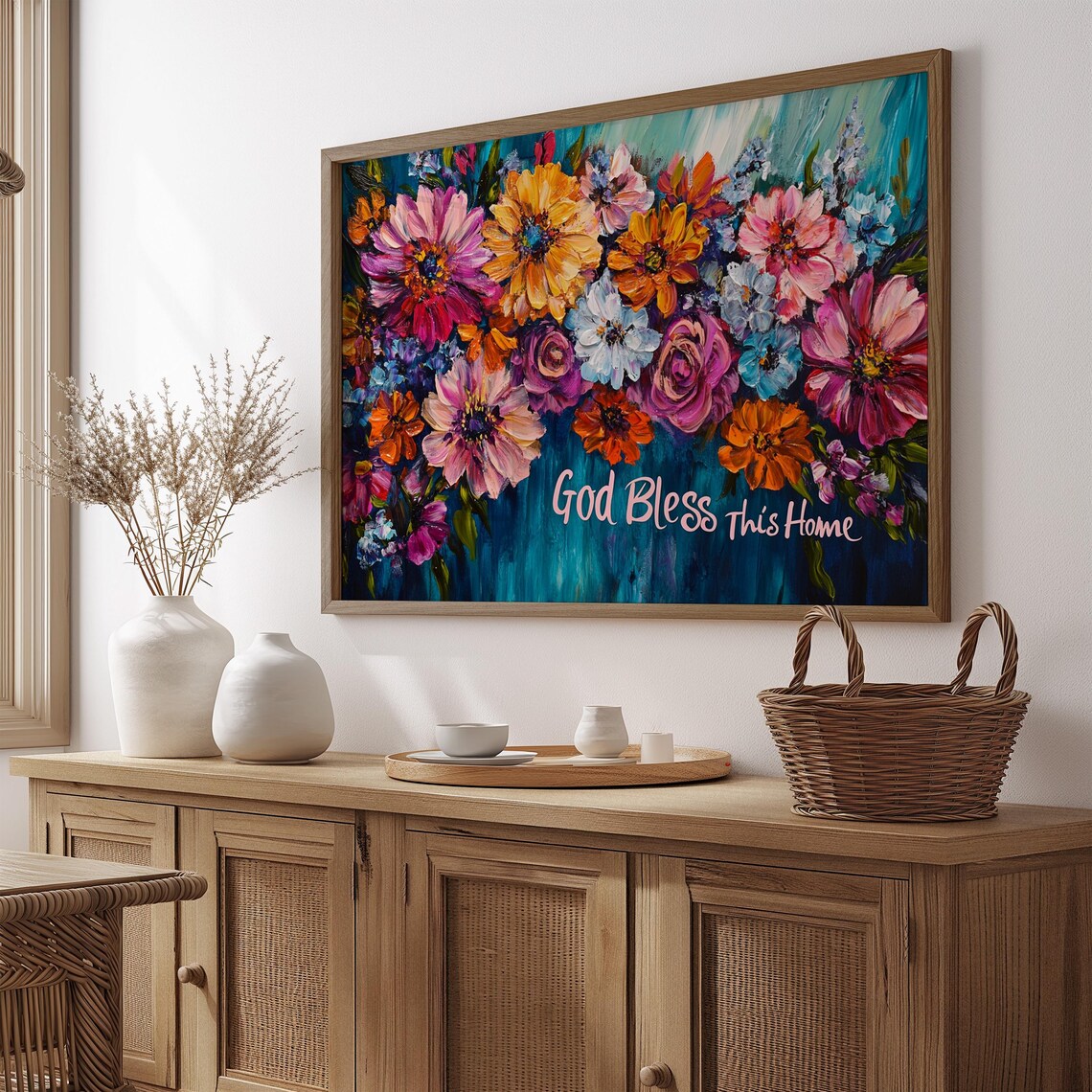 God Bless This Home Daisy Bouquet Deep Teal Floral Quote Poster