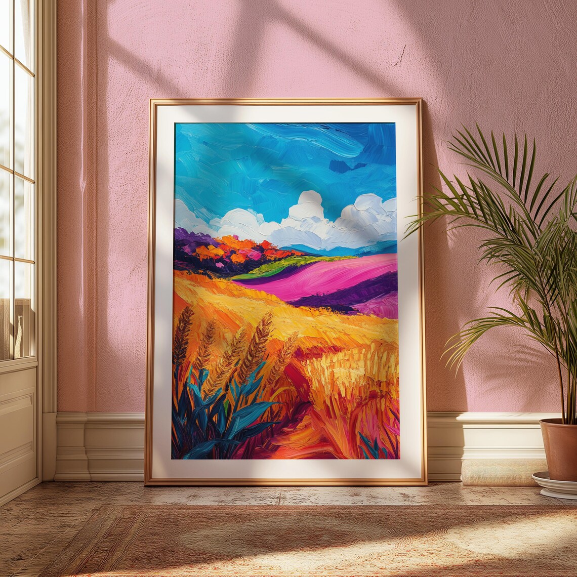 Golden Wheat Field Rolling Pink Hills Impasto Landscape Wall Art Poster - Image 2