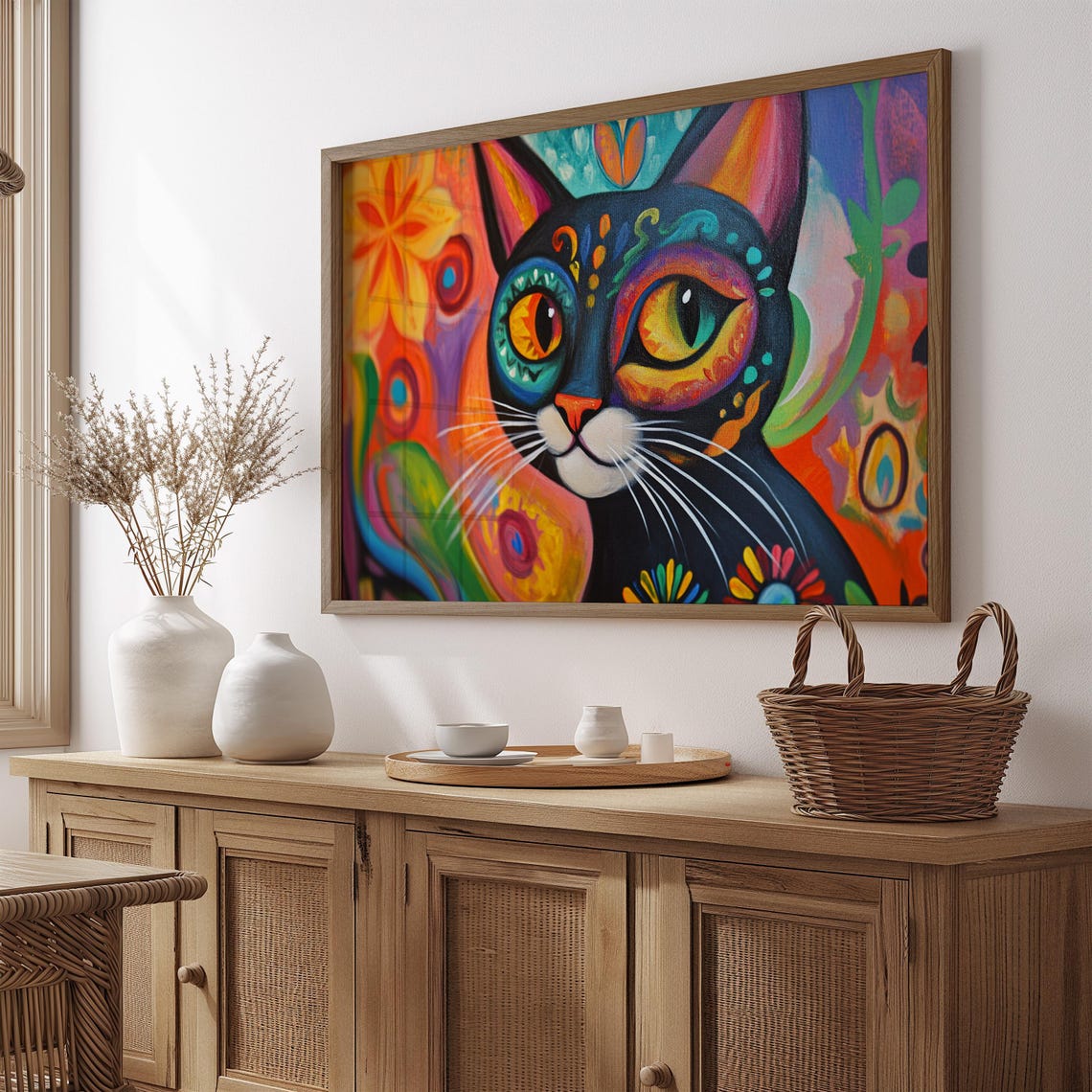 Black Cat Folk Art Big Green Eyes White Muzzle Abstract Pattern Poster