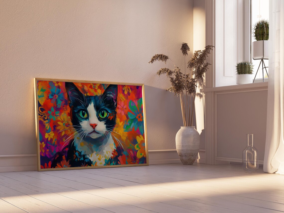 Tuxedo Cat Green Eyes Painterly Portrait Colorful Flower Garden Poster - Image 2