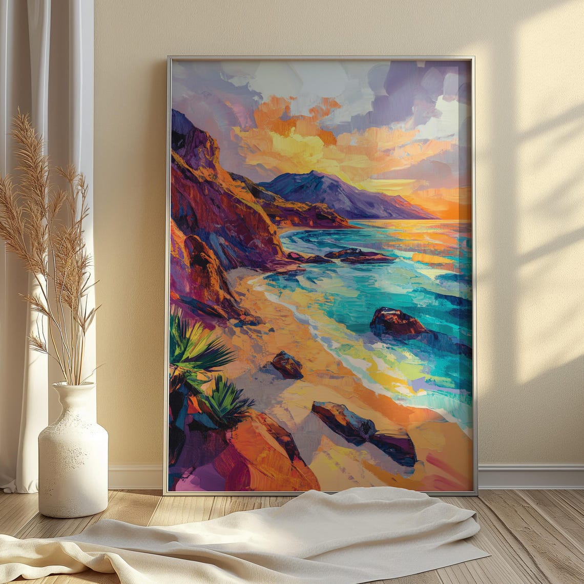 Rocky Cove Beach Agave Turquoise Sea Sunset Golden Art Print - Image 3