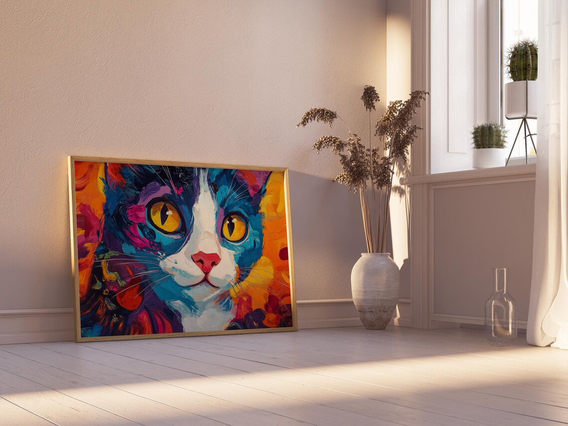Tuxedo Cat Close Up Golden Eyes Bold Impasto Colorful Feline Art Poster - Image 2