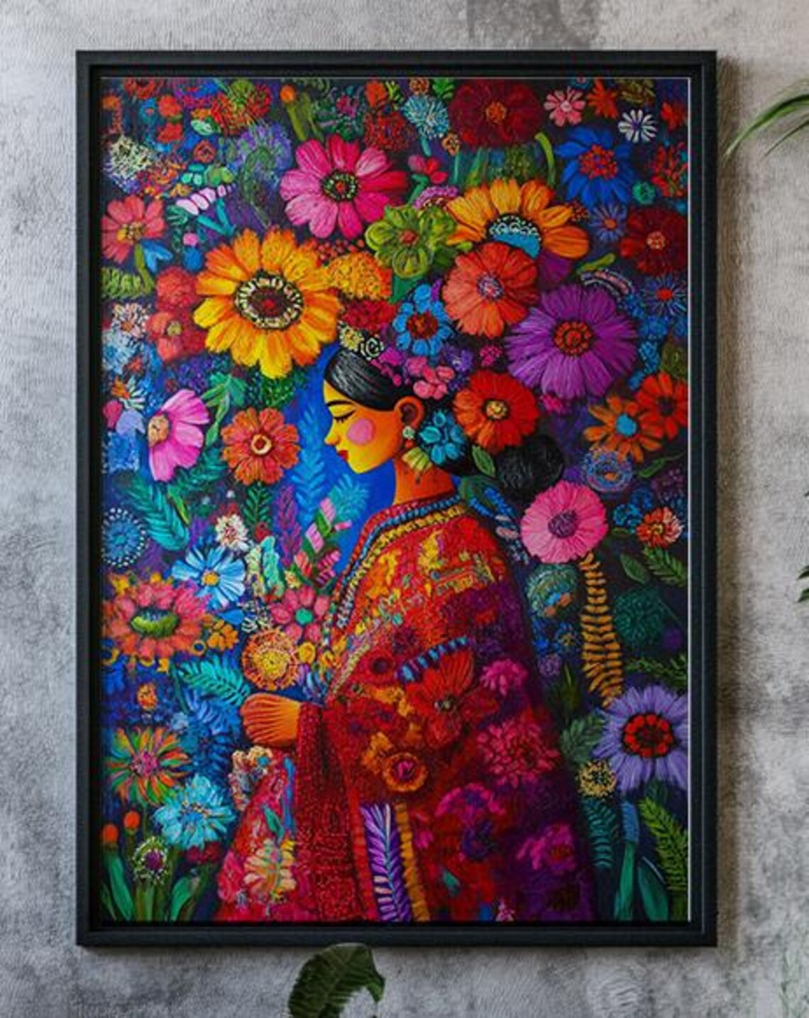 Mexican Folk Art Woman Among Giant Flowers Vibrant Culture Poster