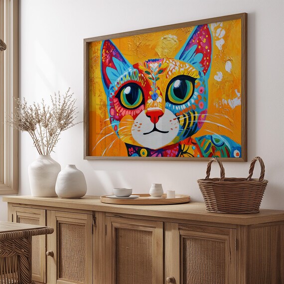Happy Cat Face Big Round Eyes Vivid Sunny Patterns Golden Poster