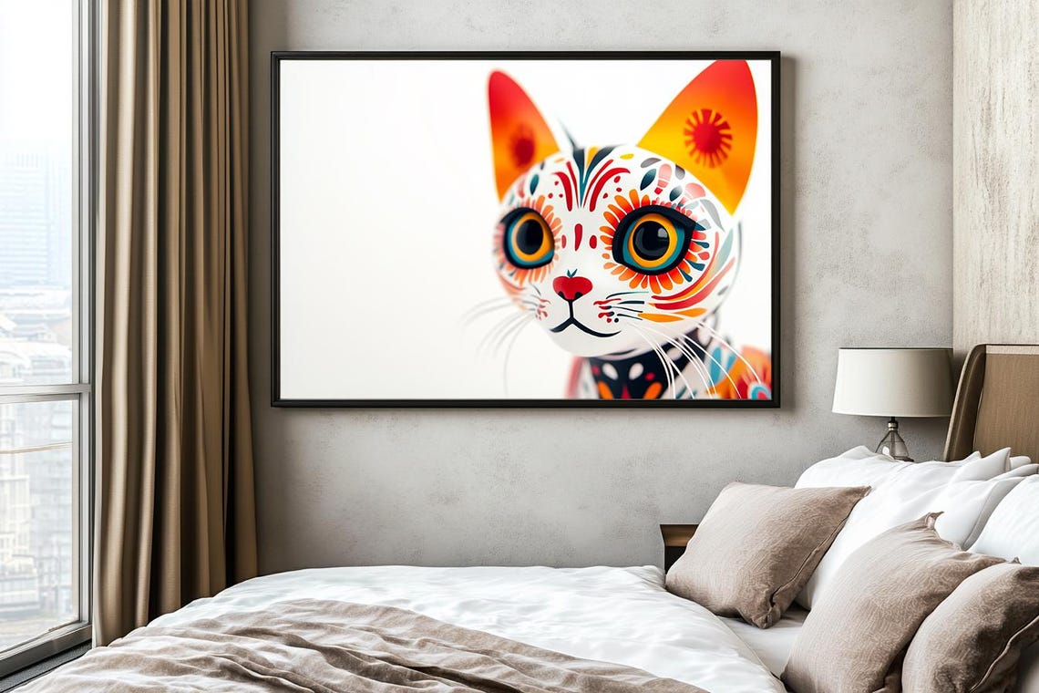 Sugar Skull Cat Orange White Day of the Dead Folk Art Face Poster - Image 2