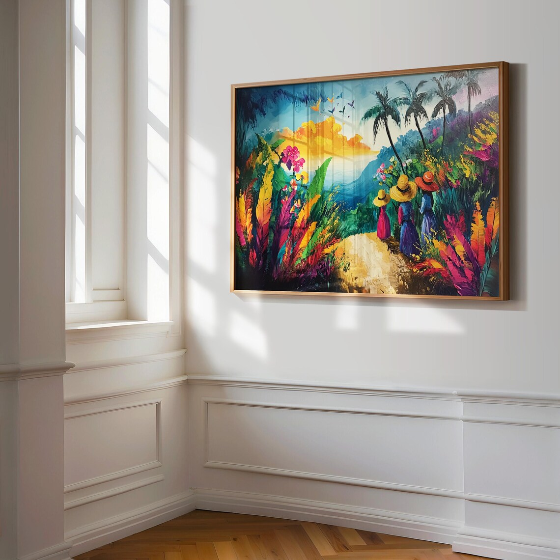 Tropical Jungle Walk Painting Women Palm Trees Ocean View Wall Art Print - Image 3