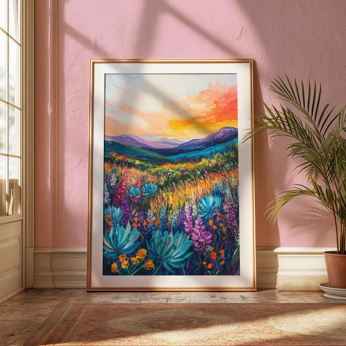 Desert Agave Wildflower Field Vibrant Sunset Mountain Art Print - Image 2