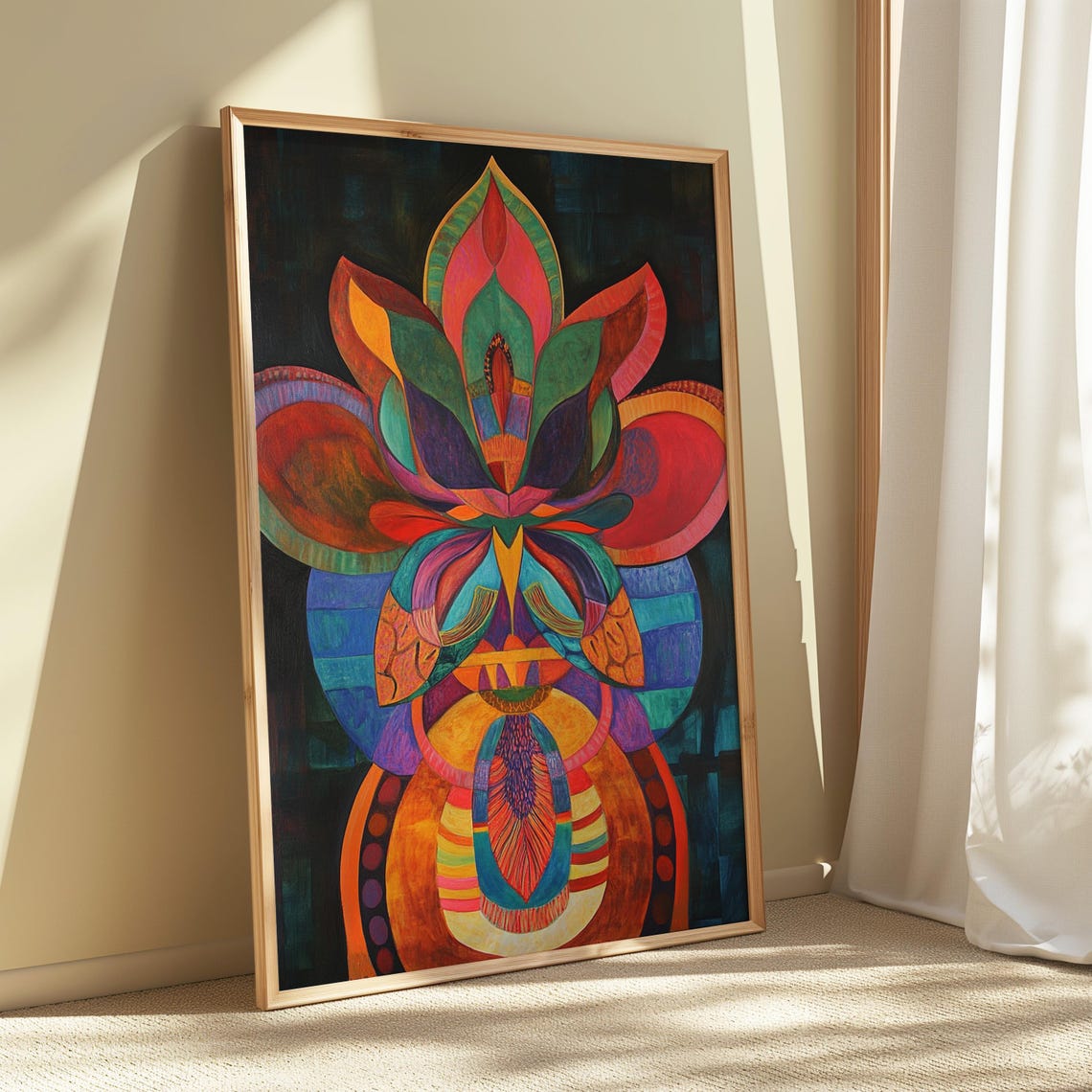 Symmetric Abstract Lotus Red Teal Orange Dark Garden Floral Poster - Image 5