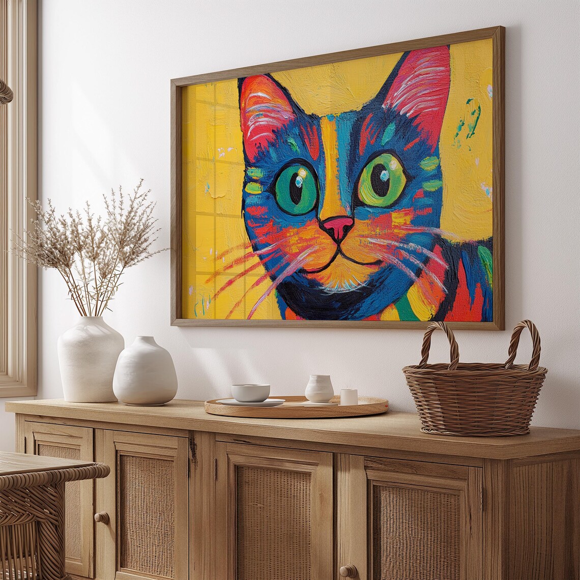 Cat Face Close Up Big Green Eyes Blue Red Texture Yellow Background Poster