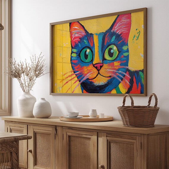 Cat Face Close Up Big Green Eyes Blue Red Texture Yellow Background Poster
