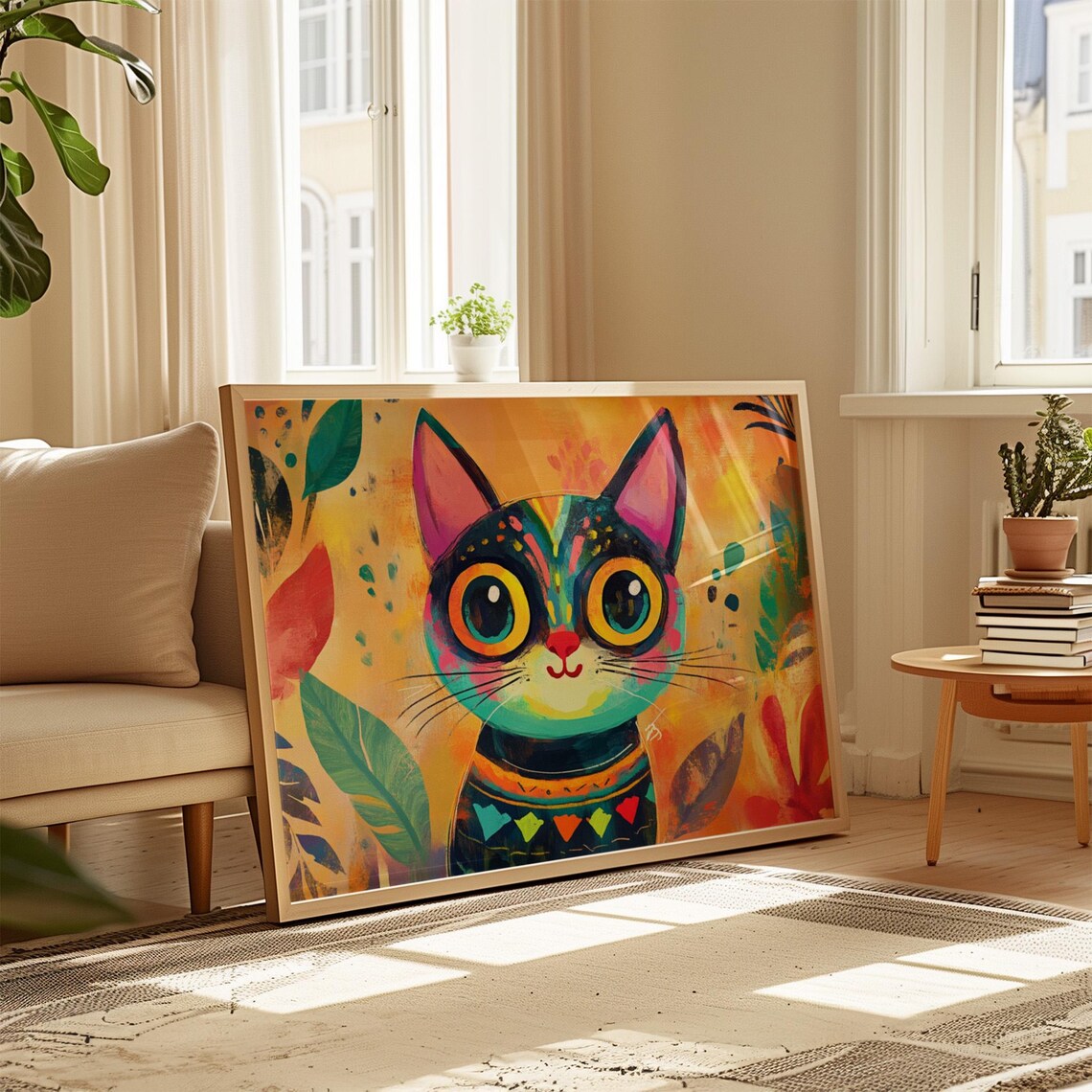Whimsical Cartoon Cat Big Golden Eyes Tropical Leaves Cheerful Art Poster - Image 4