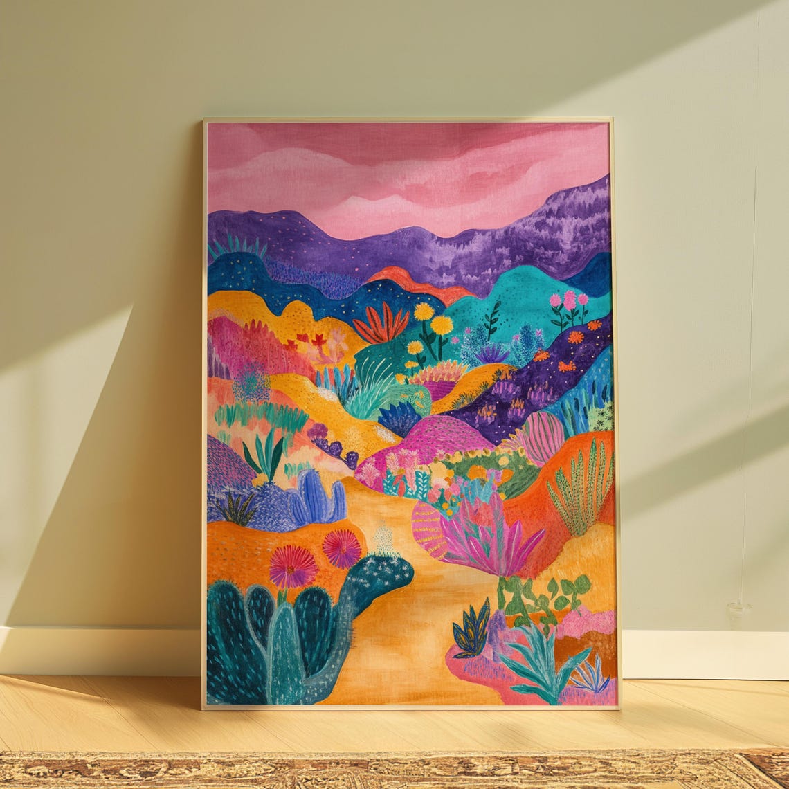 Whimsical Desert Cactus Garden Pink Mountains Colorful Art Print
