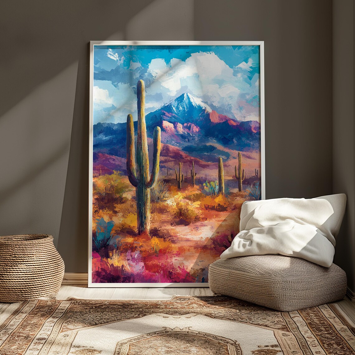 Mexican Desert Saguaro Cactus Snow Capped Mountain Colorful Landscape Poster - Image 3