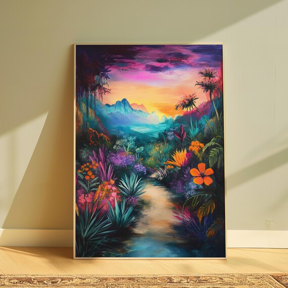 Dreamy Jungle Path Sunset Magenta Sky Lush Flowers Mountain View Landscape Poster