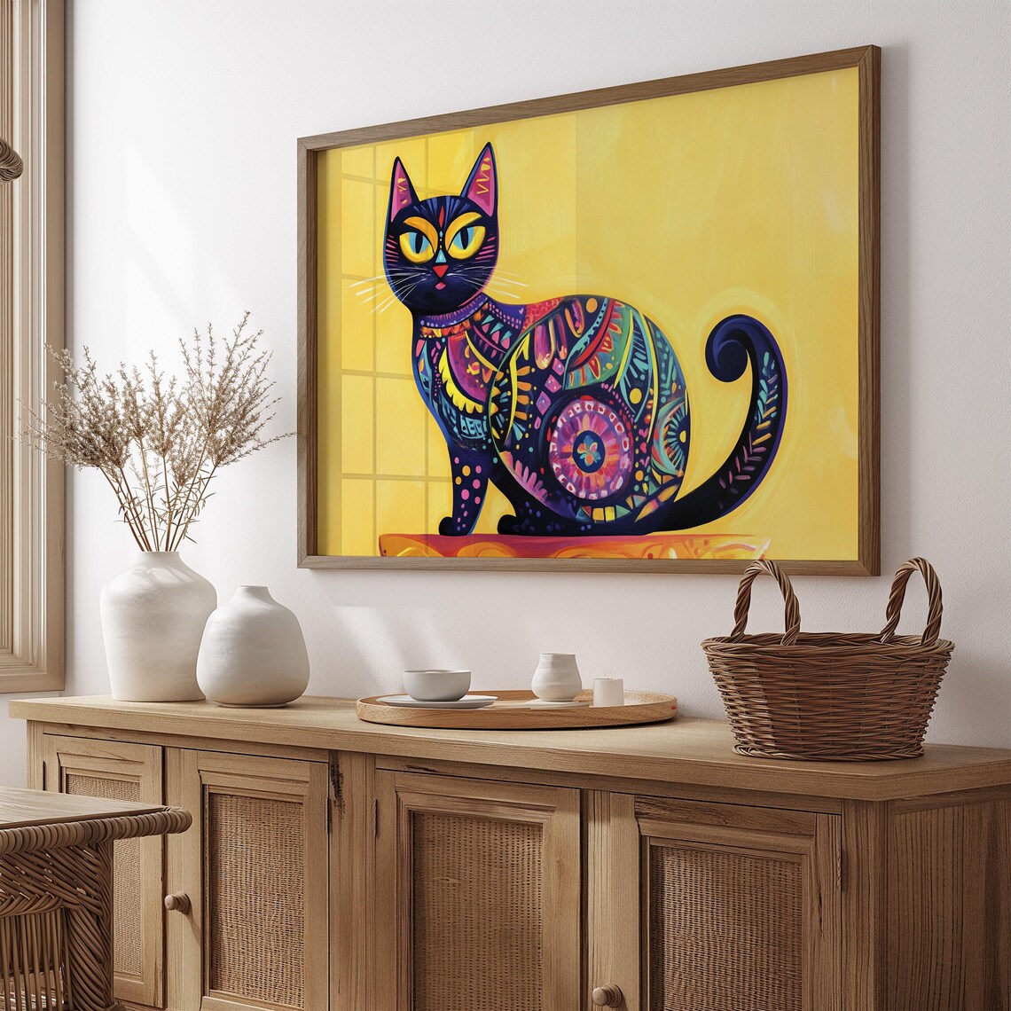 Sitting Black Cat with Colorful Floral Patterns on Bright Yellow Poster
