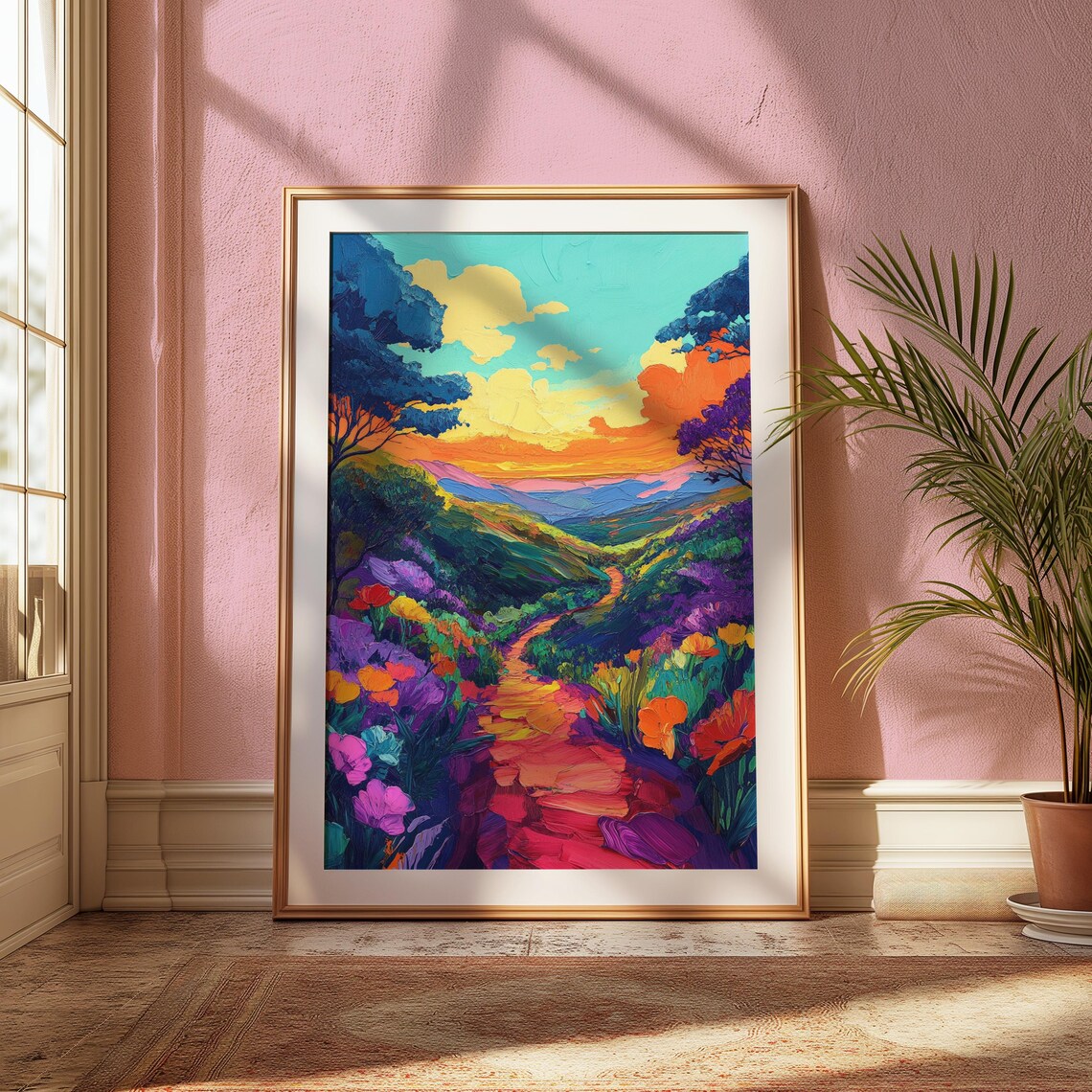 Sunset Stone Path Blooming Hillside Golden Sky Blue Trees Valley View Landscape Poster - Image 2