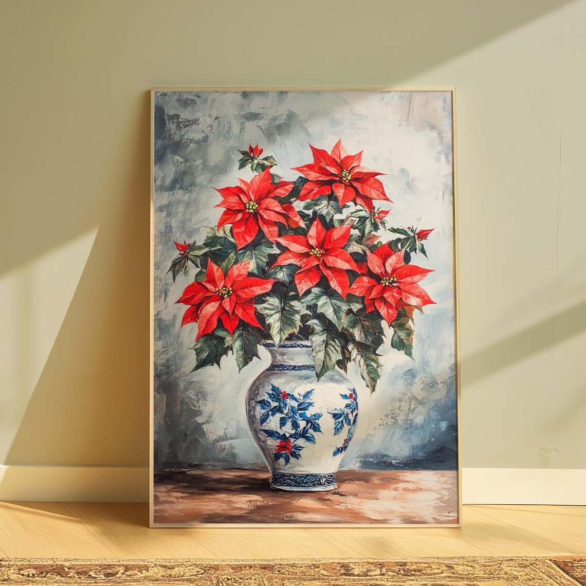 Red Poinsettia Blue Floral Vase Airy Watercolor Christmas Poster Print