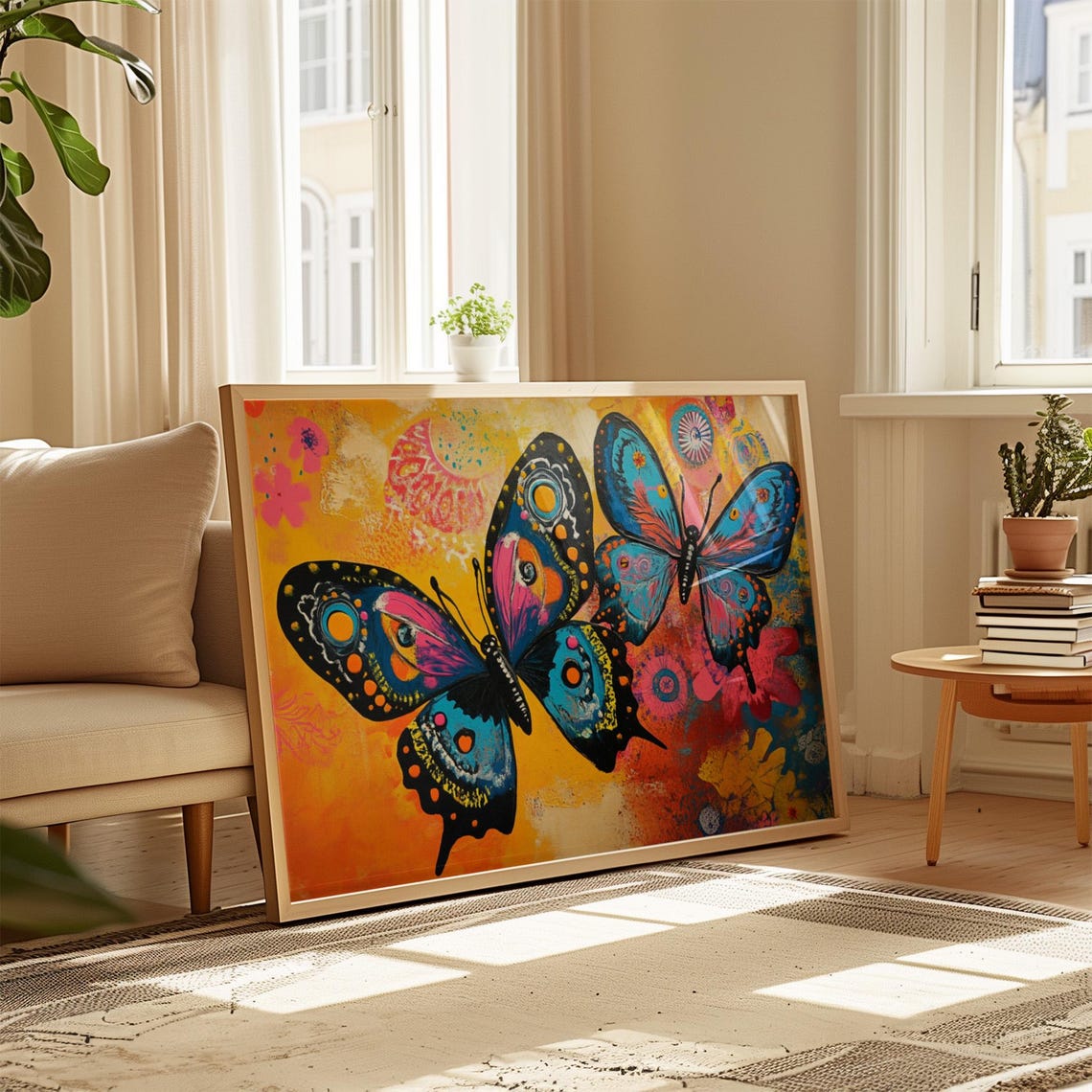 Pair Of Blue Butterflies With Orange Spots Warm Sunset Garden Poster - Image 4