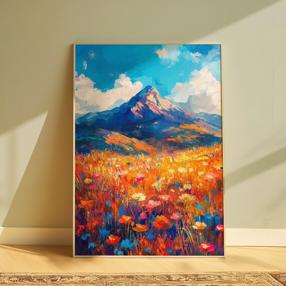 Majestic Mountain Peak Orange Wildflower Meadow Blue Sky Landscape Poster